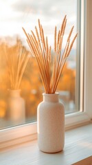 A serene vase filled with dried wheat stalks, placed on a sunlit windowsill, creating a warm and inviting atmosphere.