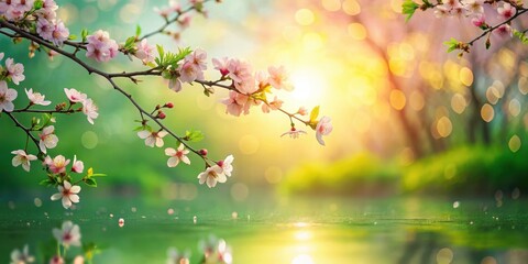 Fototapeta premium Serene Spring Blossoms Reflecting in Calm Water at Golden Hour