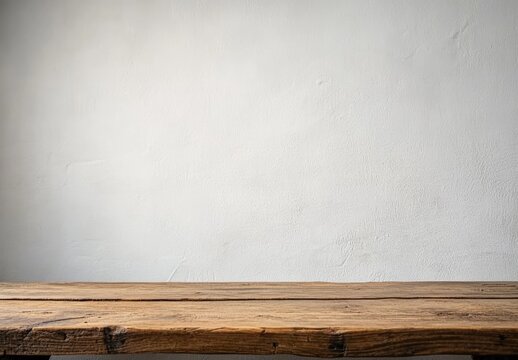 Empty wooden table with a rustic texture and a plain white wall background, ideal for product display mockup designs. Perfect for advertising templates with ample copy space