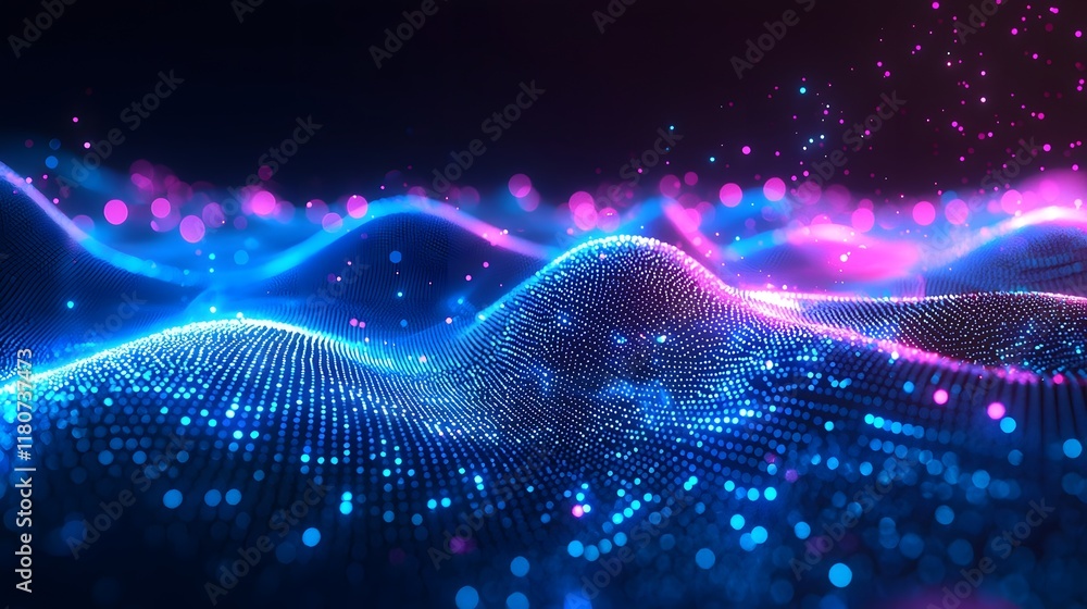 Poster mesmerizing digital waves in shades of blue and violet form a fluid tech inspired flow creating a ca