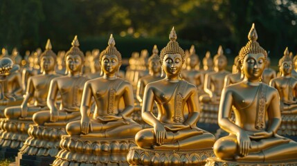 Fototapeta premium A large group of gold statues of Buddha are sitting in a row. Phuttha Utthayan Makha Bucha Anusorn (Buddhism Memorial Park), Nakhon Nayok, Thailand