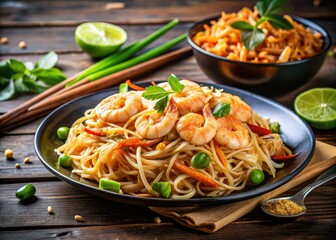 Close-up of succulent shrimp pad thai; authentic Thai restaurant cuisine.