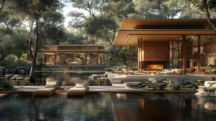 Obraz premium Luxury Modern House 3D Illustration: Tranquil Forest Retreat