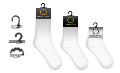 Set Illustration of various white socks Packaging with Hooks, foot wear mockup isolated
