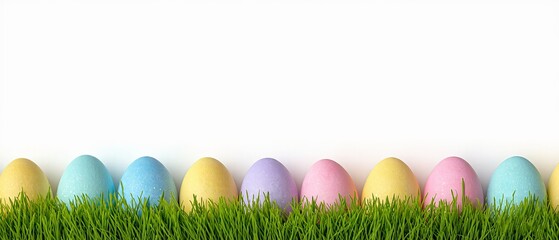 Fototapeta premium Easter banner with colorful eggs framed by grass offers a festive and vibrant holiday greeting. Generative AI