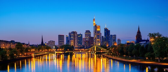 Obraz premium Evening skyline of Frankfurt presents a modern urban landscape with a beautiful cityscape view. Generative AI