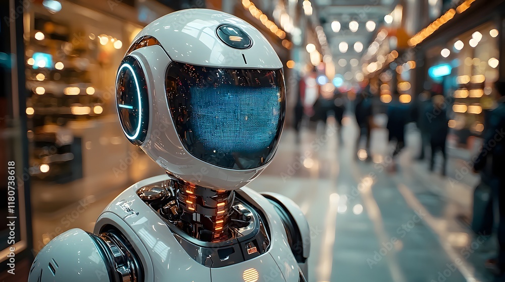 Poster futuristic customer service bot assisting shopper in high tech store setting