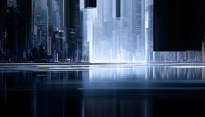 Obraz premium Futuristic city skyline reflected in still water, glitch art style, digital cityscape, abstract urban landscape, dark blue and white tones, modern architecture.