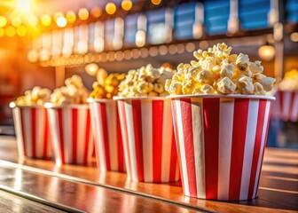 Crisp red and white striped popcorn bursts with movie magic; a classic cinema snack.