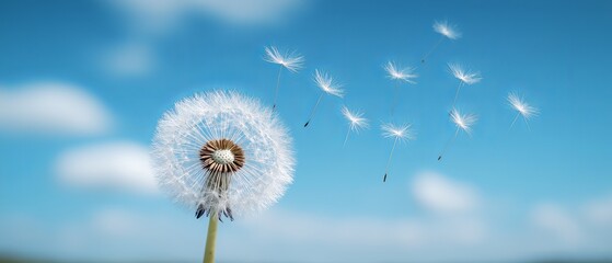 Flying dandelion seeds float gently across a serene blue sky background creating a tranquil and airy visual experience. Generative AI
