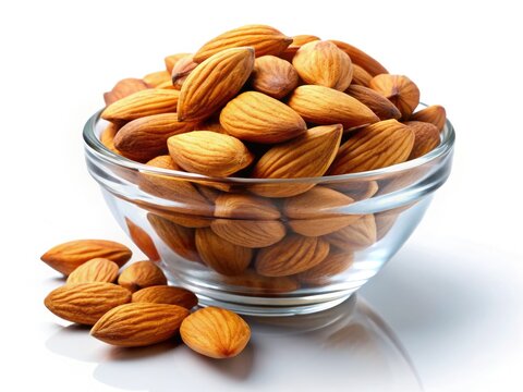 Crisp studio shot: high-resolution almonds in a glass bowl against a pristine white backdrop.
