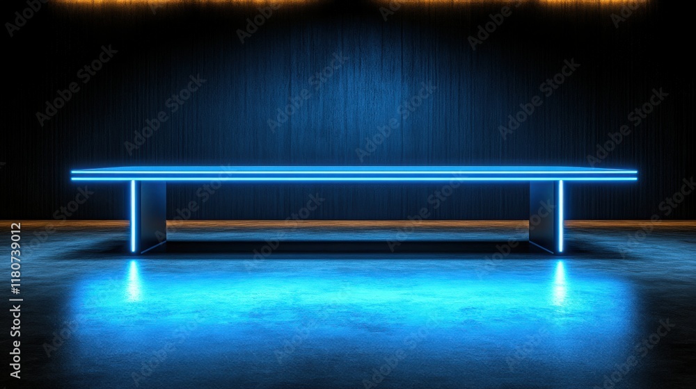 Poster modern illuminated table in a dark room with glowing blue edges, creating a high-tech futuristic atm