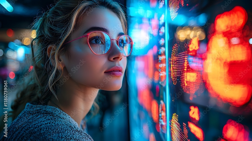 Aufkleber retail assistant guiding customer through interactive touchscreen display in futuristic store