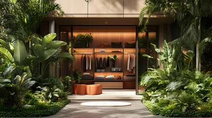 Fototapeta premium Tropical Garden Walkway to Modern Closet 3D Illustration