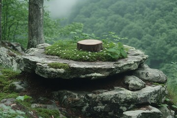 Tranquil Stump on Mossy Rocks Overlooking a Misty Mountain Valley