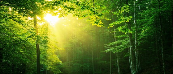 Obraz premium Magical sunlight bathes green treetops in a forest, highlighting the serene beauty of nature. Generative AI