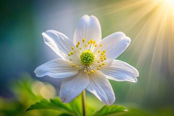 Delicate white Spring Wood Anemone, isolated on white, blooms in low light.