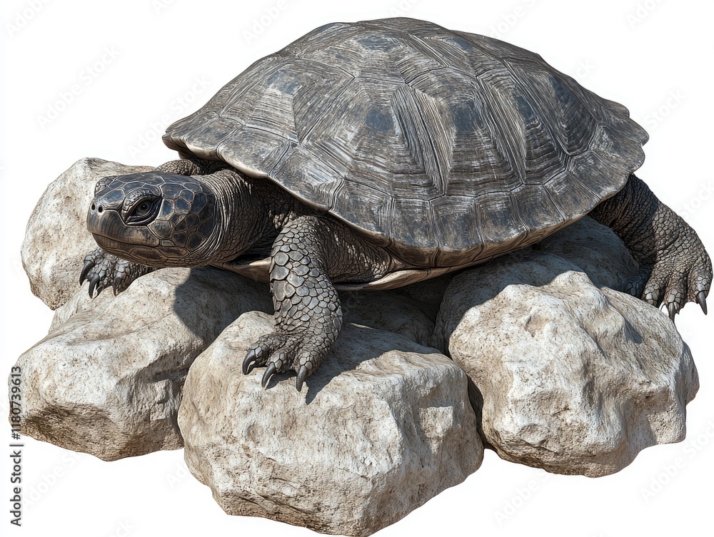 Poster a realistic turtle resting on rocks, showcasing its textured shell and natural habitat.