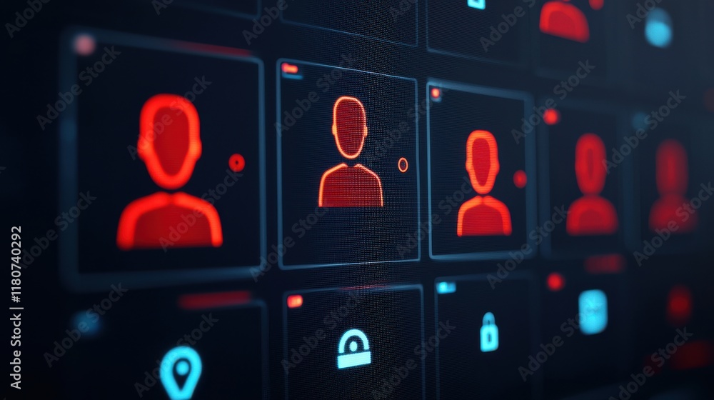 Poster a digital interface showcasing user profiles, highlighted in red, with security icons and a futurist