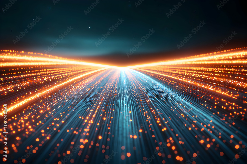 Poster abstract image of glowing lines converging to a bright point, representing data streams, digital flo