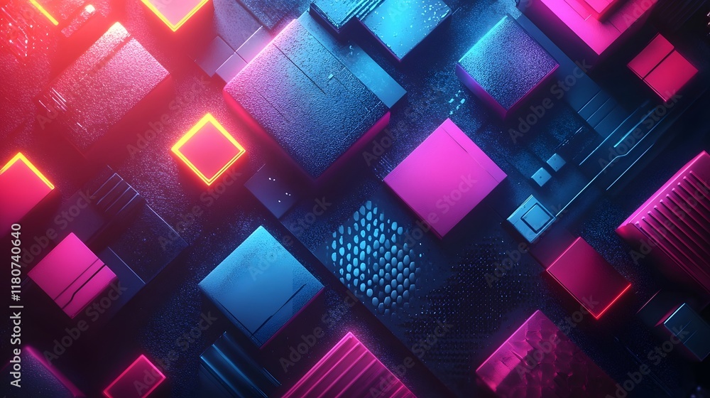 Poster vibrant abstract composition of futuristic 3d shapes in neon gradients with dynamic metallic texture