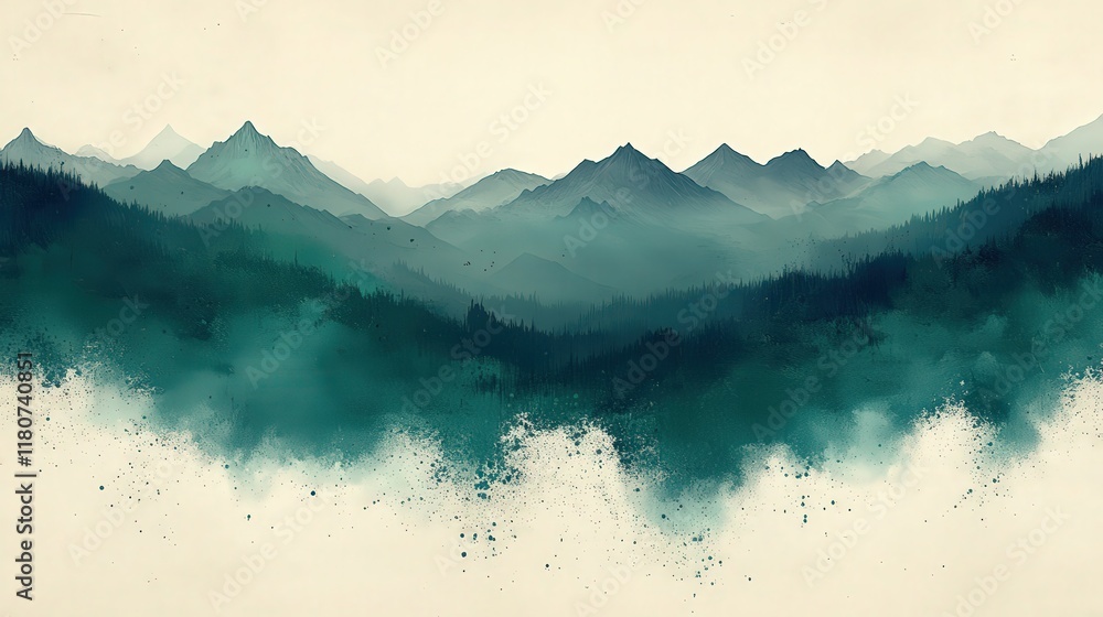 Poster serene mountain landscape with layers of mist and soft light creating an ethereal atmosphere in shad