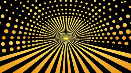 A mesmerizing digital art piece featuring a radiant golden tunnel with a black background. The design blends stripes, dots, and a perspective that creates a sense of depth and movement.