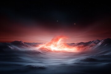 Fototapeta premium A dramatic display of fiery waves rises from the dark ocean, casting an orange glow against the night sky filled with stars. The atmosphere feels otherworldly and dynamic
