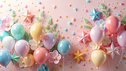 Pastel Balloons, Stars, and Flowers on a Pink Background A Festive Celebration Image