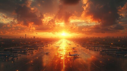 Fototapeta premium Sunset over airport runway with many planes.