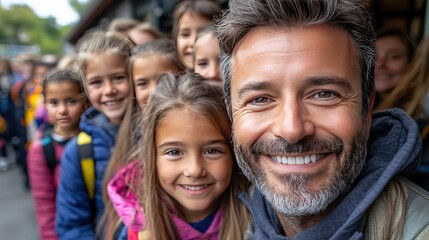 Fototapeta premium Smiling Man Posing with Happy Children Outdoors in a School Setting, Showcasing Joyful Atmosphere and Connection Between Adults and Kids