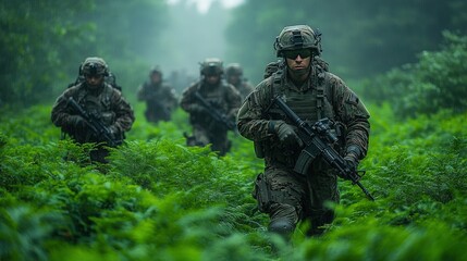 Soldiers in Tactical Gear Navigating Through Dense Foliage in a Foggy Forest During a Military Operation, Representing Camouflage and Team Strategy