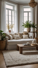 Chic and luxurious beige living room with earth tone theme designer couch and expansive windows with curtains