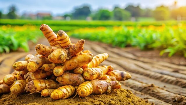 Freshly harvested turmeric root with brown skin and white inner flesh, agriculture, farm,  agriculture, farm, flower, crop