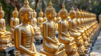A large group of gold statues of Buddha are sitting in a row. Phuttha Utthayan Makha Bucha Anusorn (Buddhism Memorial Park), Nakhon Nayok, Thailand