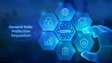 GDPR. General Data Protection Regulation. Cyber security and privacy concept on virtual screen. Protection of personal information. Hand places an element into a composition. Vector illustration.