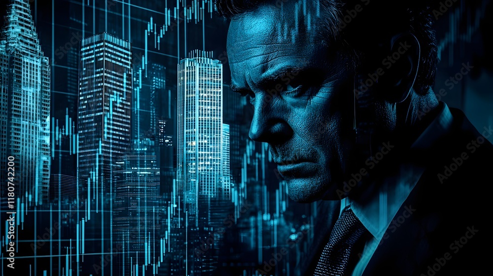 Aufkleber conceptual double exposure image of a trader s face overlaid with candlestick charts and a cityscape