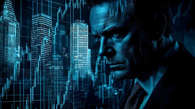 Conceptual double exposure image of a trader s face overlaid with candlestick charts and a cityscape of skyscrapers conveying the high intensity technology driven world of finance and investment