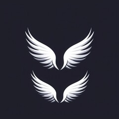 Obraz premium Two symmetrical, stylized white wings against a dark background, symbolizing freedom, spirituality, and flight.