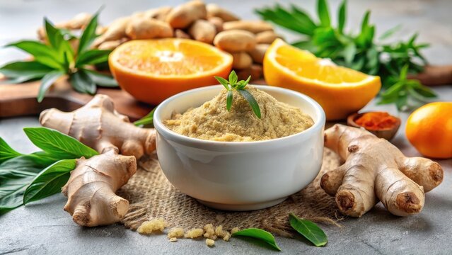 Fresh ginger root and ginger powder in a small white ceramic bowl, garnished with dried citrus peel slices, surrounded by greenery, cooking ingredients, spices - Powered by Adobe
