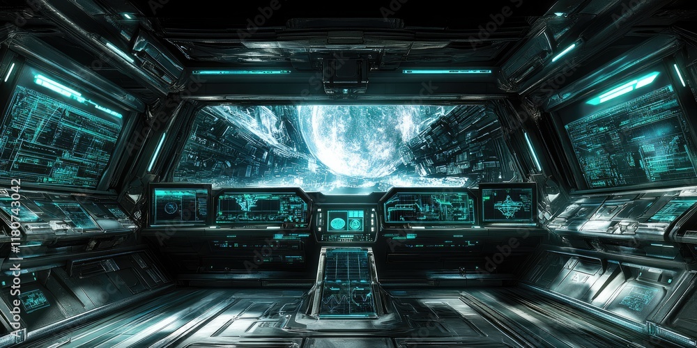 Poster a futuristic spaceship cockpit with a view of a celestial body and advanced control panels.