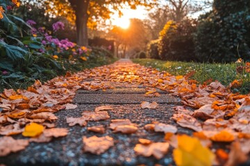 Autumnal Pathway at Sunset: Golden Leaves and Soft Light