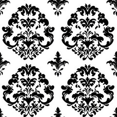 A classic black and white damask pattern featuring intricate floral designs arranged symmetrically. seamless pattern