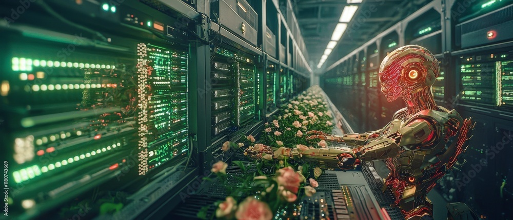 Poster futuristic robot tending roses in a data center