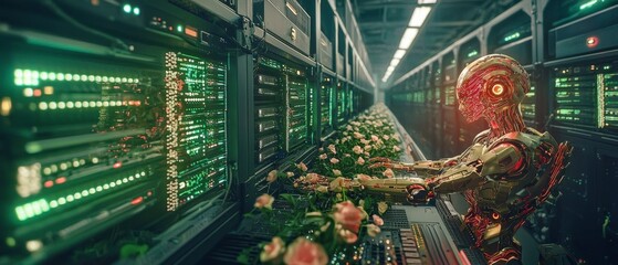 Fototapeta premium Futuristic Robot Tending Roses in a Data Center