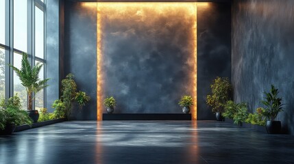 Modern interior with plants and warm lighting.