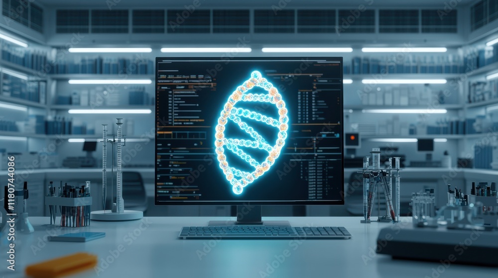 Poster a glowing dna strand displayed on a computer screen in a modern laboratory, surrounded by scientific