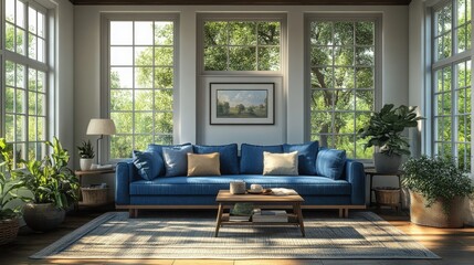 Sunlit living room features blue sofa large windows and plants.