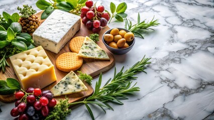Luxurious marble tabletop displays gourmet snacks and lush greenery, a still life of elegant simplicity.