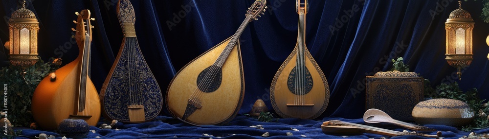 Aufkleber a collection of traditional string instruments displayed elegantly on a rich blue fabric.